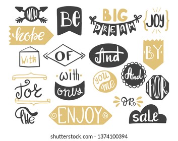 Handwritten catchwords and collection of different conjunctions, prepositions vector set