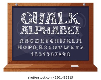 Handwritten Chalk Alphabet on Classroom Blackboard. Hand drawn chalk serif font with letters and numbers on a school board. Wooden frame with chalk tray. For education designs, school themes. Vector.