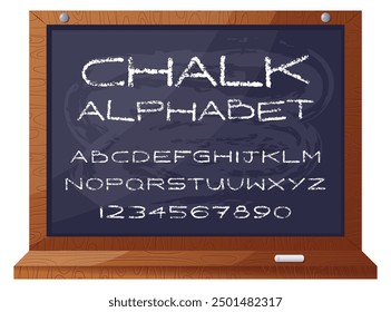 Alphabet craie manuscrit sur le tableau noir de la classe. Cadre en bois avec plateau en craie. Idéal pour les conceptions éducatives, les thèmes scolaires ou les projets de typographie vintage. Illustration vectorielle.