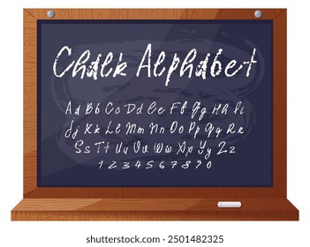 Handgeschriebenes Chalk Alphabet auf Klassenzimmer Tafel. Kursive Schriftart mit Buchstaben und Zahlen. Holzrahmen mit Kreidetablett. Perfekt für Bildungsdesigns, Schulthemen oder Vintage-Typografie. Vektor. 