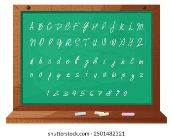 Handwritten Chalk Alphabet on School Green Board. Italic font with letters and numbers. Wooden frame with chalk tray. Perfect for education design, school themes or vintage typography. Vector.