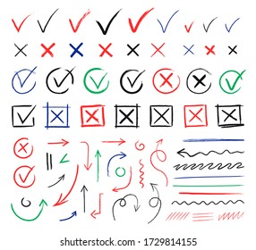 Handwritten Check Marks Flat Icon Collection. Chalk Arrows, Crosses And Brush Underlines Made With Pen Vector Illustration Set. Marking And Navigation Concept