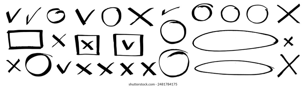 Handwritten checkbox set. Grungy vector doodle ok marks. Yes no hand drawn icons. X and V check marks, tick boxes, circles, ovals on transparent bg. Isolated rough bold wide chisel point marker lines