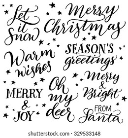 Handwritten Christmas calligraphy. Set of hand lettering for cards or git tags: Merry Christmas, Let it snow, Warm wishes, Season's greetings, Merry and joy, Oh my deer, Merry and bright, From Santa.