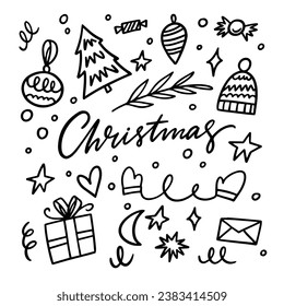 Handwritten Christmas doodle elements set. Winter holiday icons line art style. Isolated on white background.