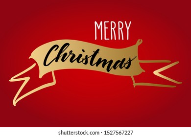 Handwritten Christmas greetings, festive calligraphy lettering. Golden ribbon banner isolated over red. Holiday season design, vector illustration.