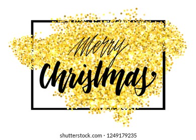 Handwritten Christmas greetings, modern festive calligraphy lettering for postcards. Black text over golden glitter frame. Holiday season design, vector illustration.