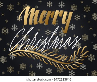 Handwritten Christmas greetings, modern festive calligraphy lettering for postcards. White and golden over black snowflakes background. Holiday season design, vector illustration.