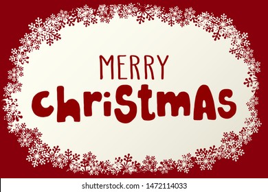 Handwritten Christmas greetings, modern festive calligraphy lettering for postcards in snowflakes frame. Holiday season red and white design, vector illustration.