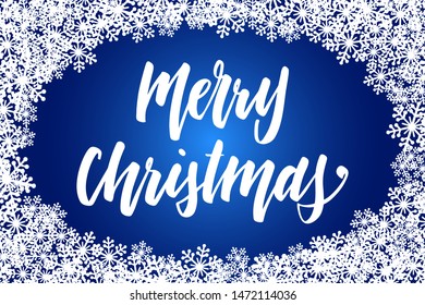Handwritten Christmas greetings, modern festive calligraphy lettering for postcards in snowflakes frame. Holiday season blue and white design, vector illustration.