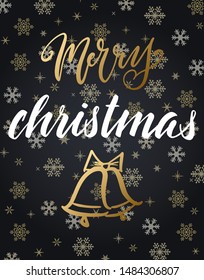 Handwritten Christmas greetings, modern festive calligraphy lettering for postcards. White and golden over black snowflakes background. Holiday season design, vector illustration.