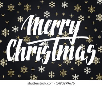 Handwritten Christmas greetings, modern festive calligraphy lettering for postcards. White over black and golden snowflakes background. Holiday season design, vector illustration.