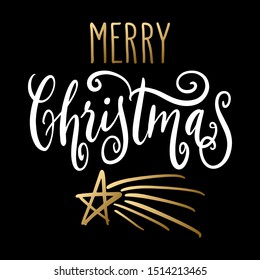 Handwritten Christmas greetings, modern festive calligraphy lettering for postcards. White and golden isolated over black. Holiday season design, vector illustration.