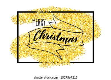 Handwritten Christmas greetings, modern festive calligraphy lettering for postcards. Black text over golden glitter frame. Holiday season design, vector illustration.