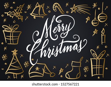 Handwritten Christmas greetings, modern festive calligraphy lettering in golden and white isolated over black. Holiday season design, vector illustration.