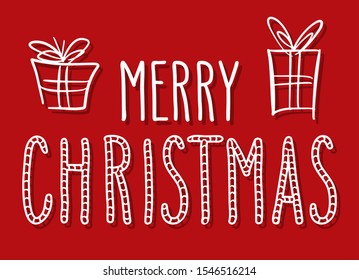Handwritten Christmas greetings, modern festive calligraphy lettering for postcards. White isolated over red. Holiday season design, vector illustration.