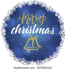 Handwritten Christmas greetings, modern festive calligraphy lettering in blue and white snowflakes frame. Holiday season design vector illustration.