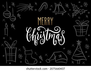 Handwritten Christmas greetings, modern festive calligraphy lettering in golden and white over black. Holiday season design elements vector illustration.