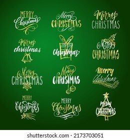 Handwritten Christmas greetings, modern festive calligraphy lettering in golden and white over green. Holiday season design elements set vector illustration.