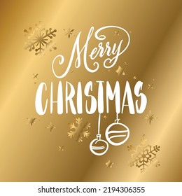 Handwritten Christmas greetings, modern festive calligraphy lettering in white over golden with scattered snowflakes. Holiday season design element vector illustration.