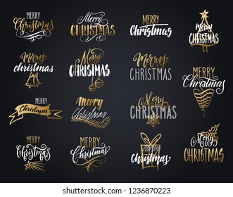 Handwritten Christmas greetings set, modern festive calligraphy lettering for postcards. White and golden isolated over black. Holiday season design, vector illustration.