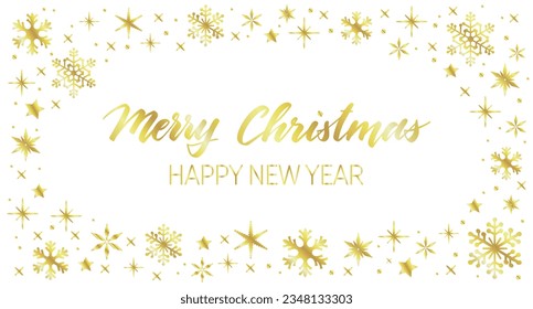 Handwritten Christmas greetings in a snowflakes frame, modern festive calligraphy lettering in golden over white. Holiday season design vector illustration template.