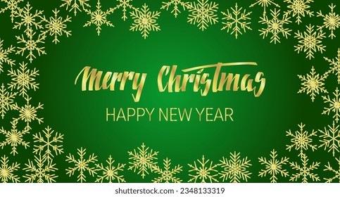 Handwritten Christmas greetings in a snowflakes frame, modern festive calligraphy lettering in golden over green. Holiday season design vector illustration template.