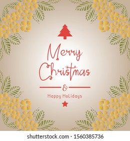 Handwritten of christmas happy holiday, with decorative element of leaf floral frame. Vector