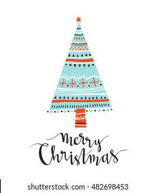 Hand-written Christmas lettering and xmas tree isolated on white background.  Season vector holiday  design with calligraphy - Merry Christmas.