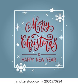 Handwritten Christmas and New Year greetings, modern festive calligraphy lettering in red and white over blue. Holiday season design element vector illustration.