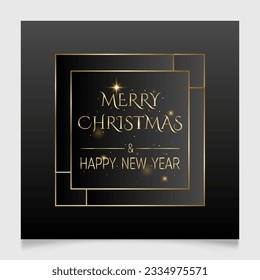 Handwritten Christmas and New Year greetings in a golden square frame, modern festive lettering over black. Holiday season design vector illustration template.