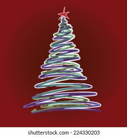 handwritten Christmas Tree on red background : vector
