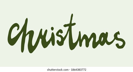 Handwritten Christmas typography. Doodle outline drawing isolated on green background. Religious holiday
