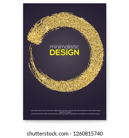 Handwritten circle with vector golden paint brush stroke. Round stamp on poster. Hand drawn ring with texture, glittering effect, golden dust. Abstract shapes, vector art on black background