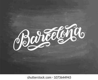 Handwritten city name. Hand lettered brush calligraphy. Barcelona. Handmade brush handlettering. Vector illustration. Chalkboard lettering poster