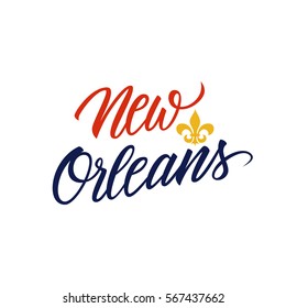 Handwritten city name New Orleans with Fleur De Lis symbol. Vector illustration.