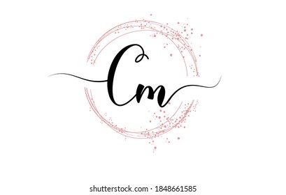 Handwritten Cm C m letter logo with sparkling circles with pink glitter. Decorative vector illustration with C si m letters.