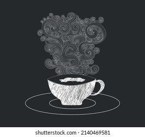 Handwritten coffee cup with ornamental smoke, chalk writiings on blackboard