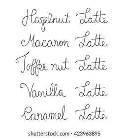 handwritten Coffee Latte types text isolated on white