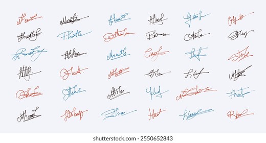 Handwritten Collection of Fake Scribble Signature in Ink. Business set of inked autographs. Collection of imaginary scribble signatures.