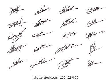 Handwritten Collection of Fake Scribble Signature in Ink. Handwritten set of inked autographs. Collection of imaginary scribble signatures. 
