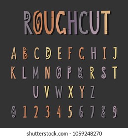 Handwritten color paper cut font for title, header, lettering, logo, banners, art and craft design. Uppercase regular display letters and numbers cut out by scissors from paper. Vector illustration.