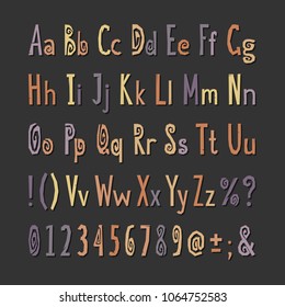 Handwritten colorful paper cut font for title, header, lettering, logo, banner, art and craft design. Regular display letters, numbers, punctuation cut out by scissors from paper. Vector illustration