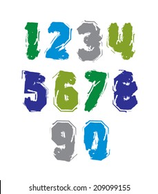 Handwritten colorful vector freak numbers, stylish digits set drawn with ink brush.