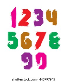 Handwritten colorful vector freak numbers, stylish digits set drawn with ink brush.
