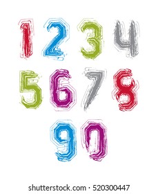 Handwritten colorful vector freak numbers, stylish striped digits set drawn with ink brush.