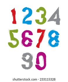 Handwritten colorful vector numbers, stylish numbers set drawn with ink brush.