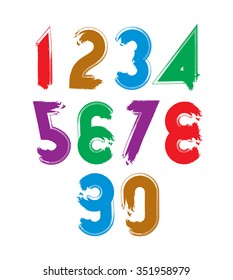 Handwritten colorful vector numbers, stylish numbers set drawn with ink brush.