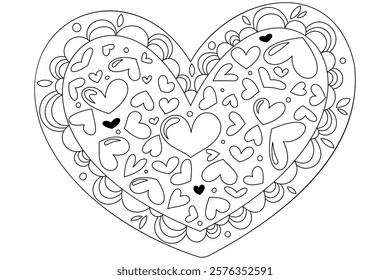 Handwritten coloring book for Valentine's Day. A big heart with a bunch of little ones for children's creativity.