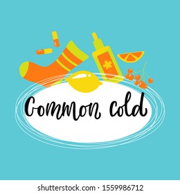 Handwritten COMMON COLD with varios means and mediciness on blue background. Vector illustration in flat cartoon style.